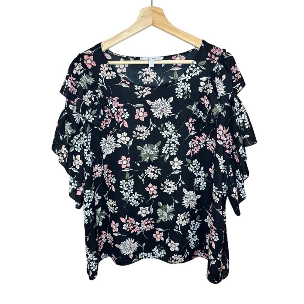 Libby Edelman XXL Black Floral Ruffle Sleeve Scoop Neck Blouse Top Whimsi Boho